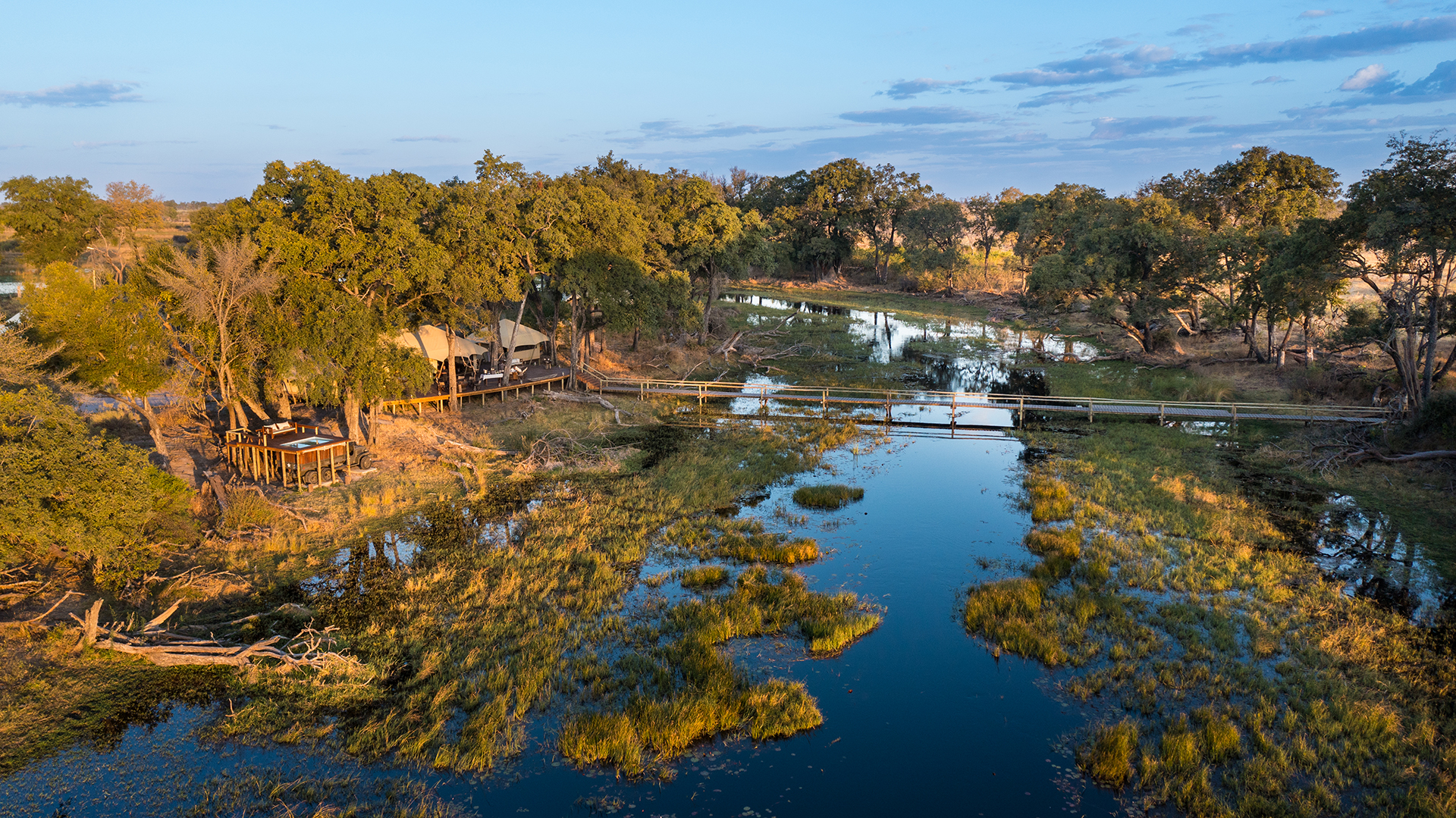 Camp and water channel from the air at Duba Explorers Camp