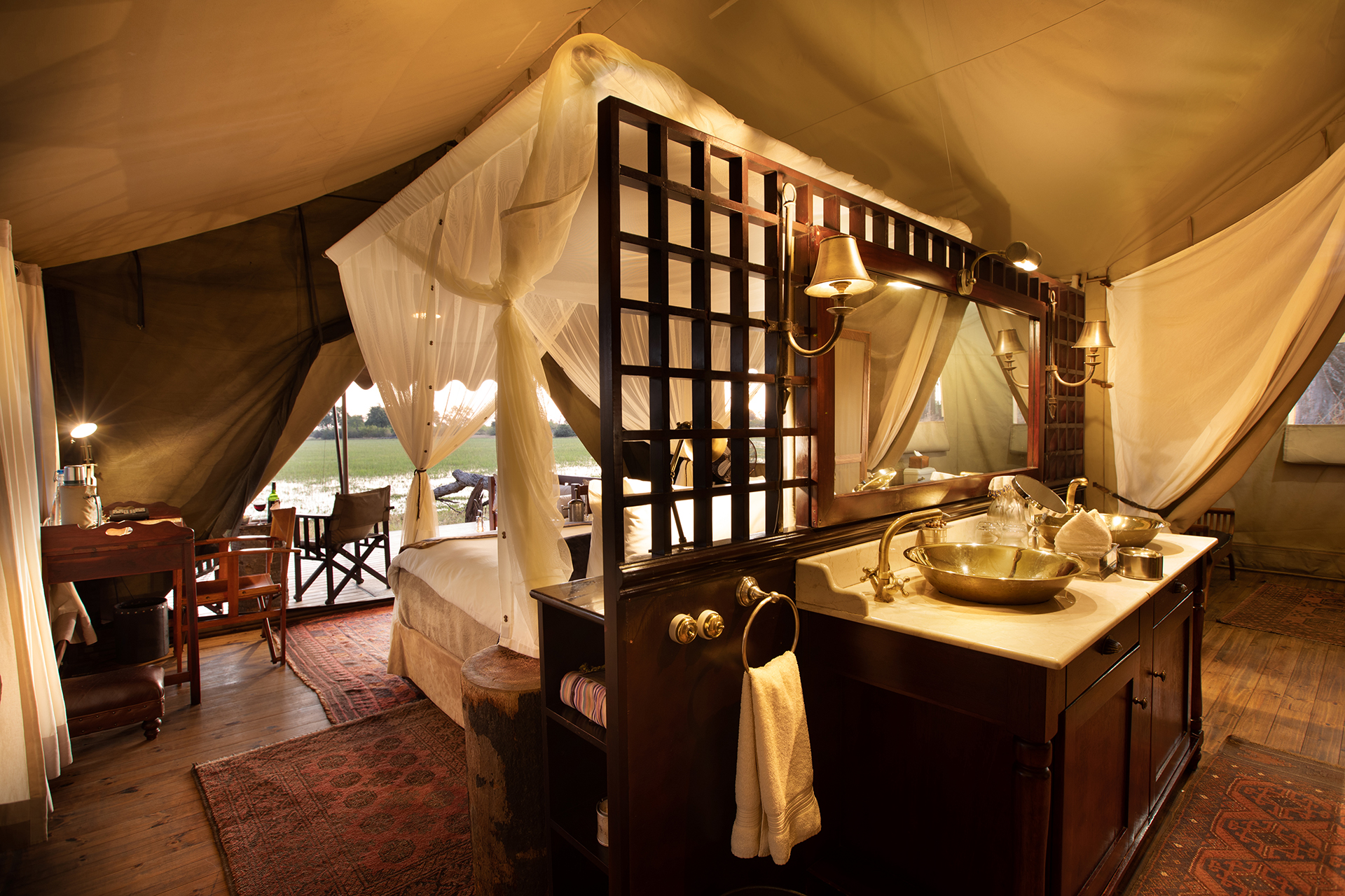 Guest tent bathroom at Duba Explorers Camp