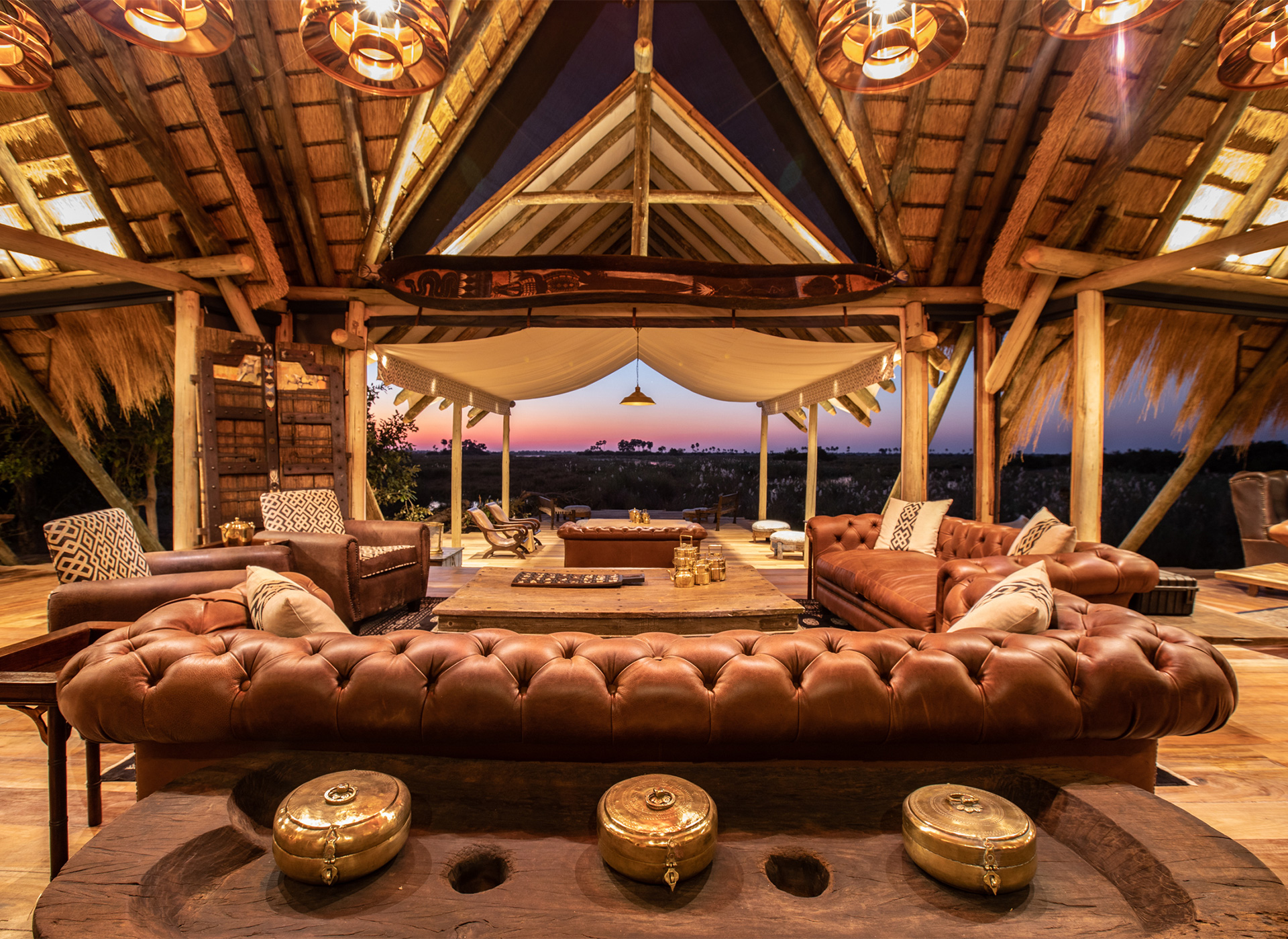 Sunken lounge at sunset at Selinda Camp