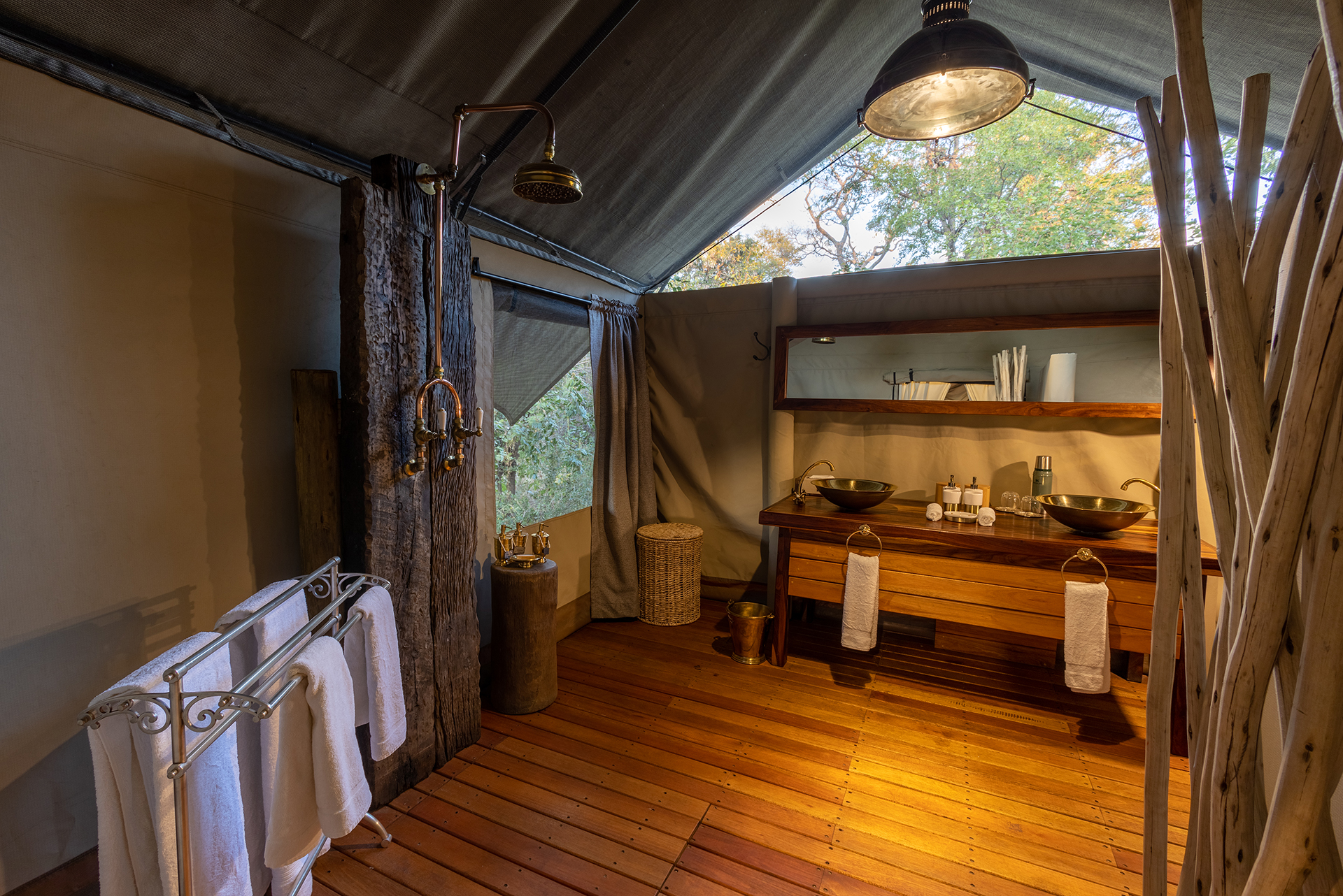 Guest tent bathroom at Selinda Explorers Camp