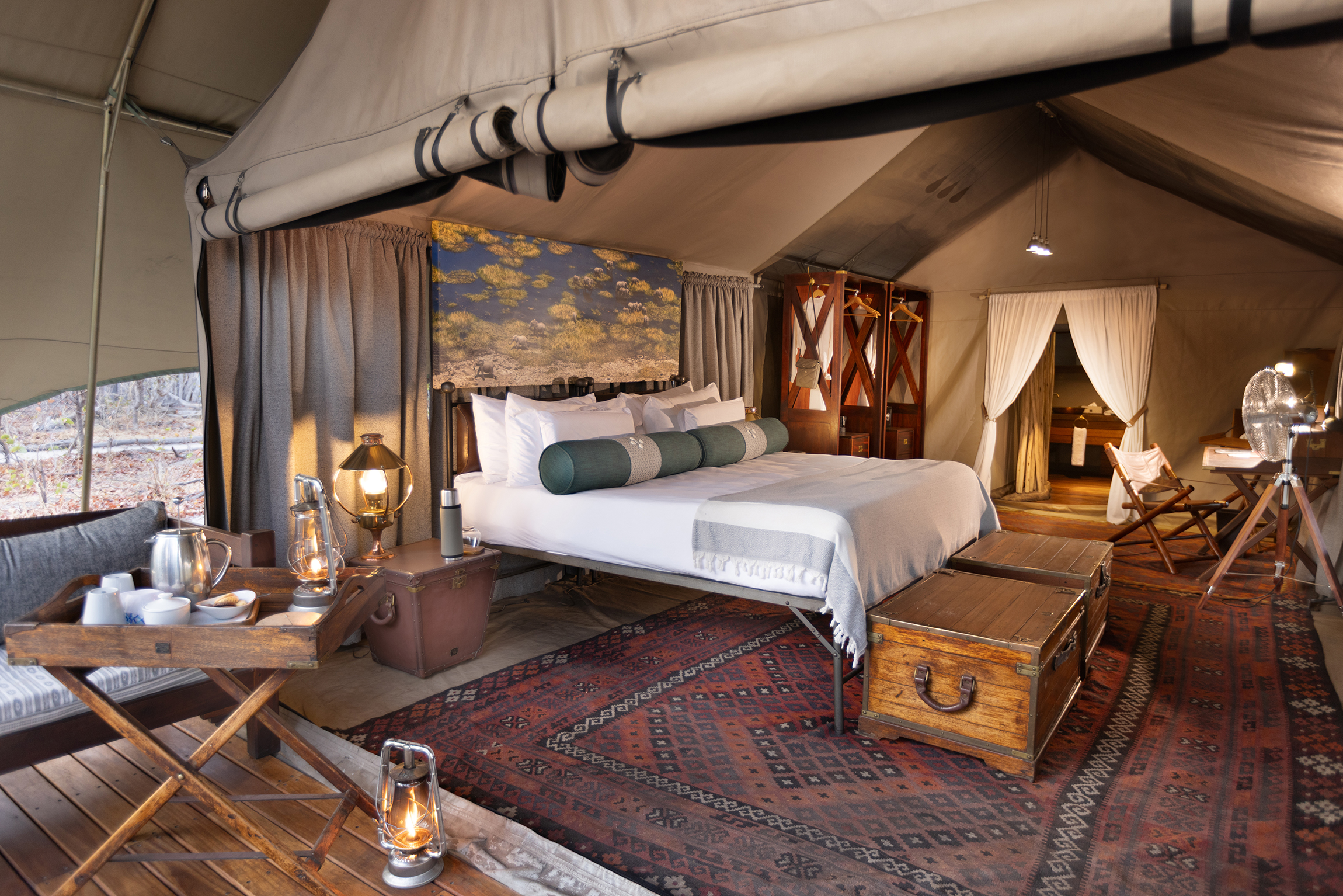 Double guest tent bedroom at Selinda Explorers Camp